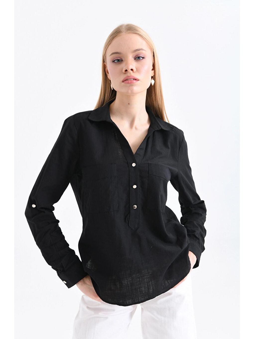 Siyah Gömlek Yaka Bluz-1