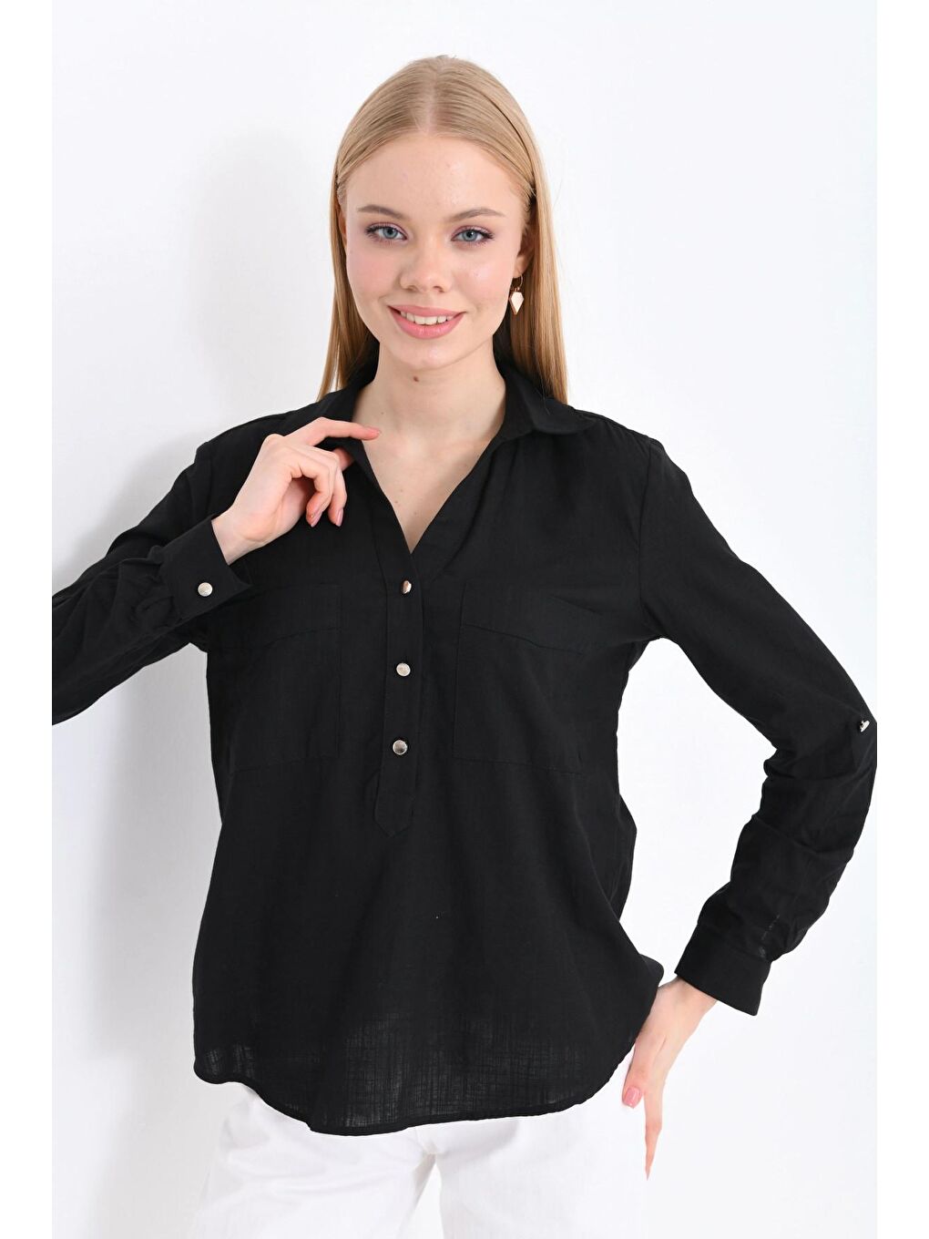 Siyah Gömlek Yaka Bluz-4