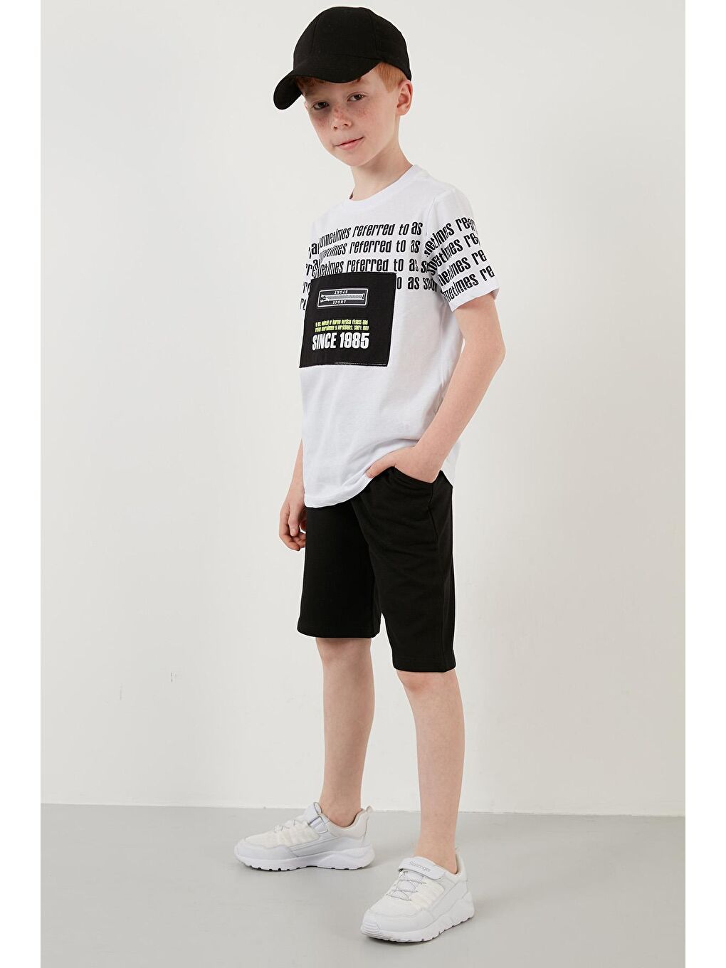 Beyaz % 100 Pamuklu Baskılı Bisiklet Yaka Şortlu 2'li Takım 6189608