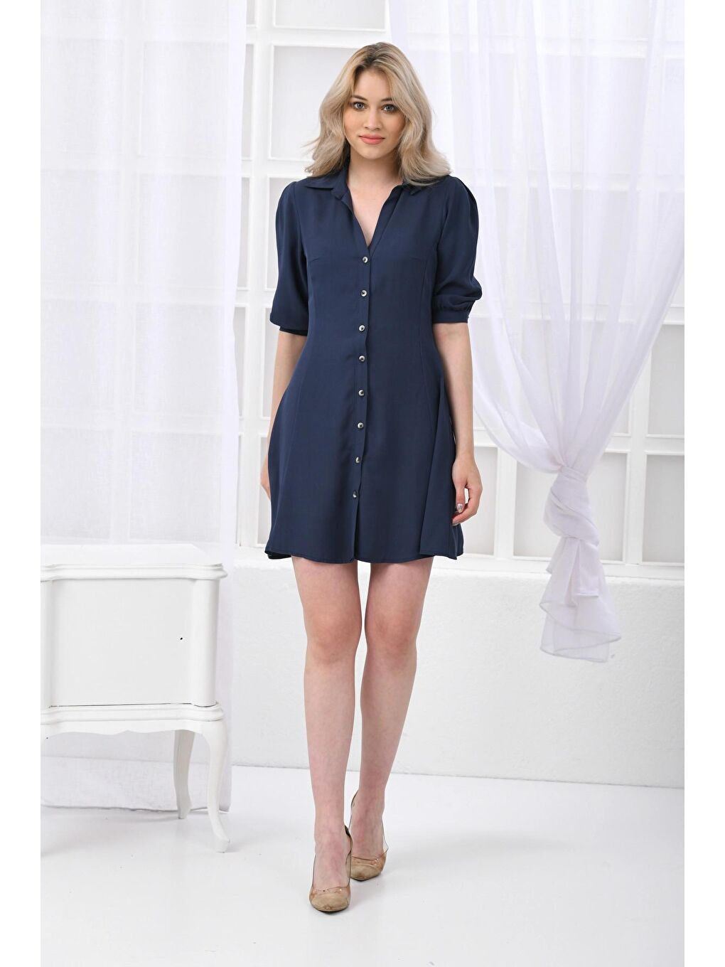 İndigo Kadın Düğme Detaylı Truvakar Kol Mini Elbise