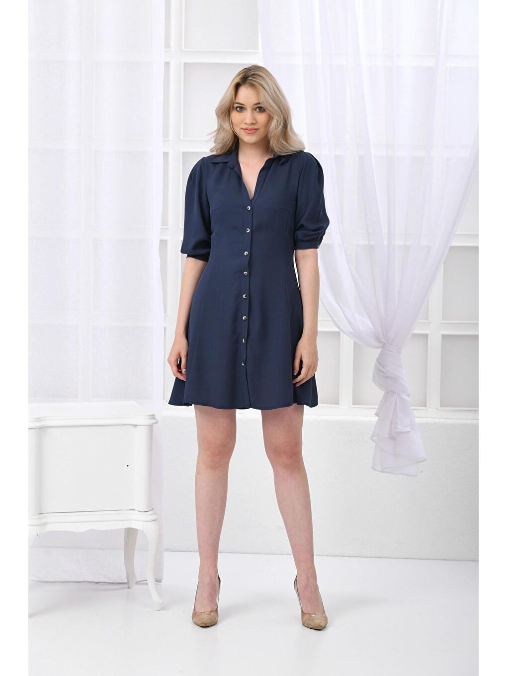 İndigo Kadın Düğme Detaylı Truvakar Kol Mini Elbise-2