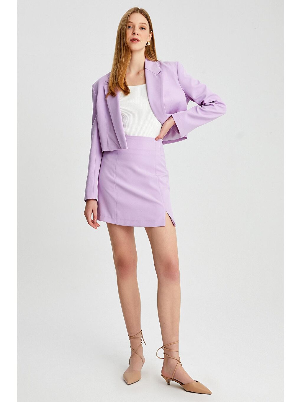 Lila Kadın Kısa Önden Yırtmaçlı Etek-2