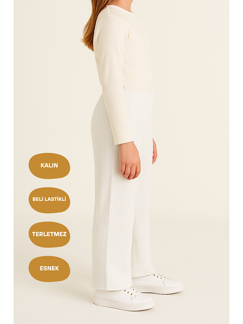 Beli Lastikli Ekru Kız Çocuk Eşofman Altı - Rahat Geniş Paça Kalın Kumaş 7-8-9-10-11-12-13-14 Yaş.-1