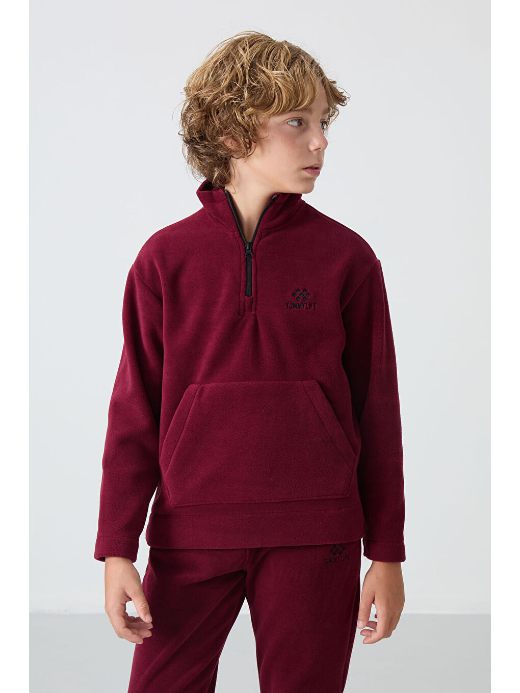 Mor Erguvan Kalın Yumuşak Dokulu Standart Fit Nakışlı Polar Erkek Çocuk Eşofman Takım - 11218-1