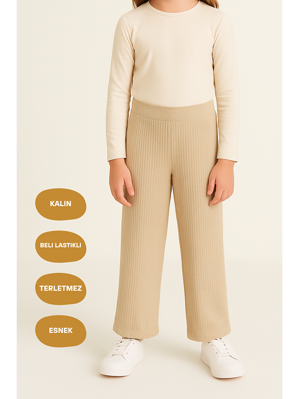Beli Lastikli Bej Kız Çocuk Eşofman Altı - Rahat Geniş Paça Kalın Kumaş 7-8-9-10-11-12-13-14 Yaş