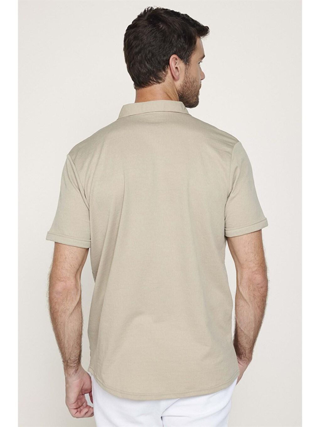 Bej Erkek Slim Fit Kısa Kollu Desenli  Örme Taş Gömlek-4