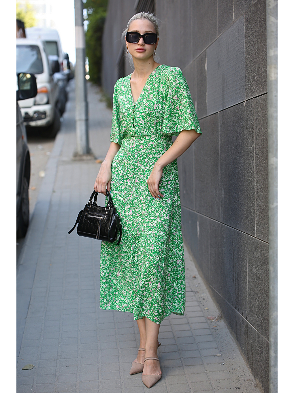 Yeşil Yarım Kol Uzun Elbise MG1889-1