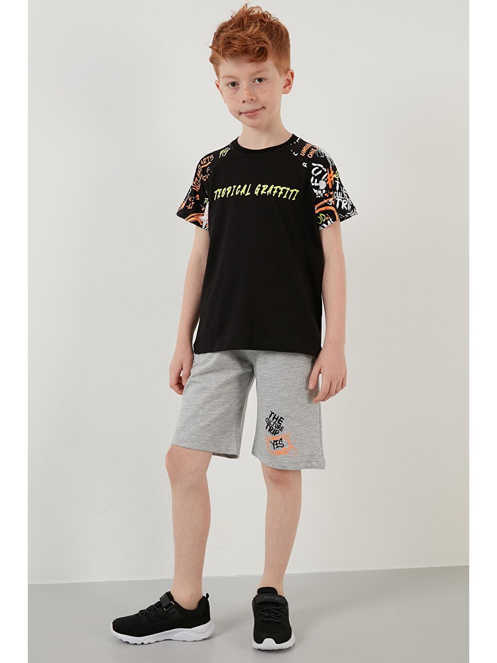 Siyah % 100 Pamuk Baskılı Cepli Şortlu 2'li Takım 6189359