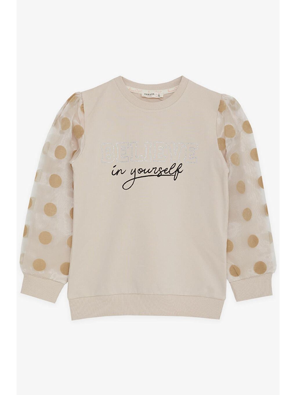 Kız Çocuk Sweatshirt Kolları Tüllü Simli Yazı Baskılı Puanlı Bej (6 Yaş)