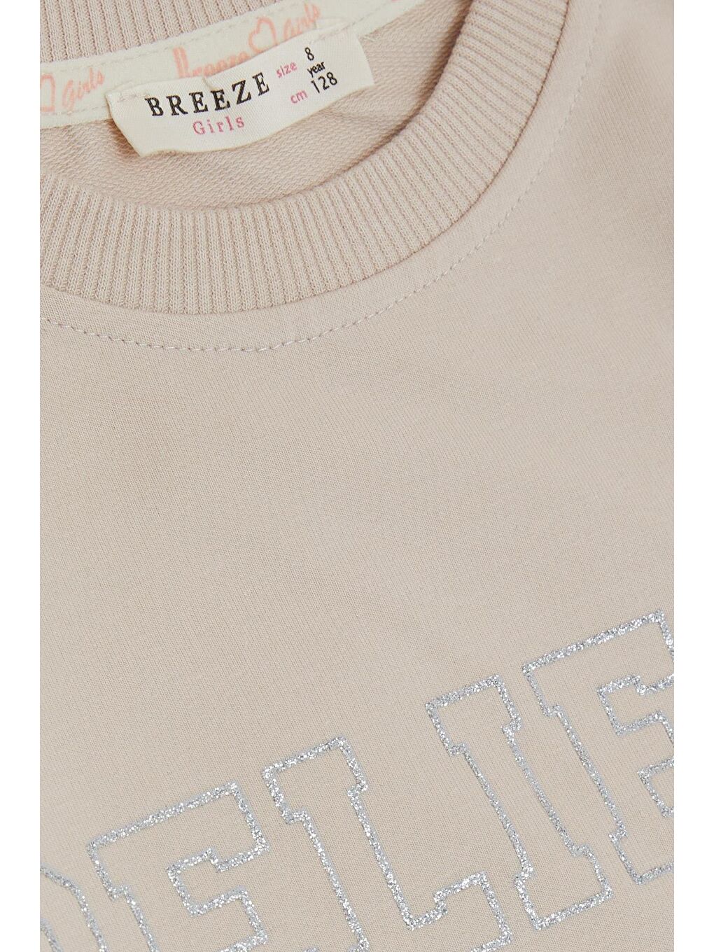 Kız Çocuk Sweatshirt Kolları Tüllü Simli Yazı Baskılı Puanlı Bej (6 Yaş)-2