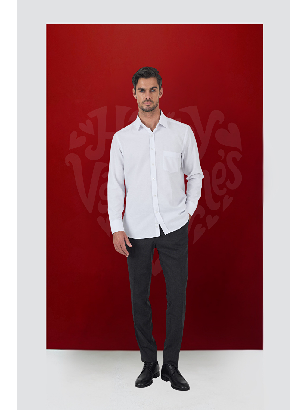 Beyaz Uzun Kol Desenli Armürlü Sert Yaka Cepli Pamuklu Classic Comfort Fit Büyük Beden Gömlek 1004250187