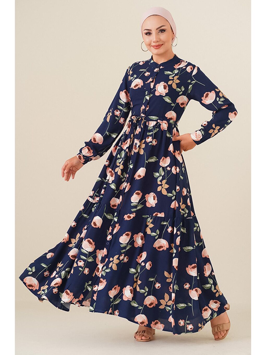 2144 Hakim Yaka Tesettür Elbise - D.Lacivert