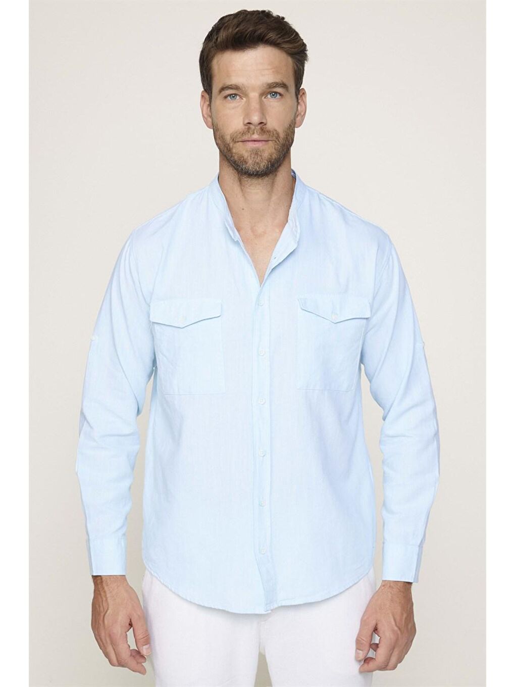 Relax Fit  Hakim Yaka Pamuk Keten Çift Cepli Kol Katlamalı Turkuaz Gömlek-1