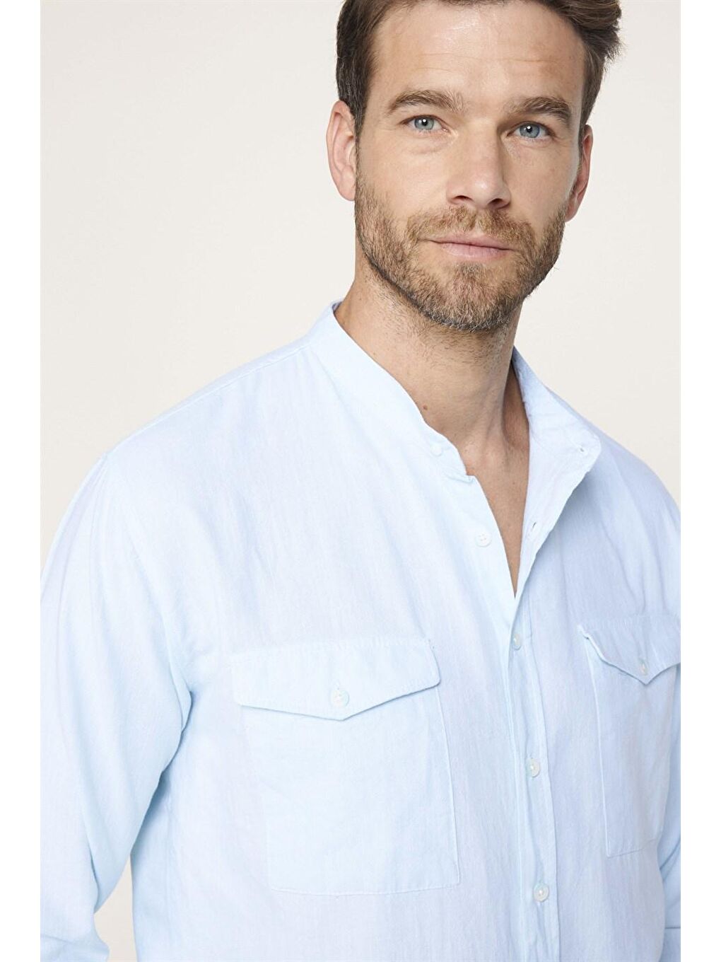 Relax Fit  Hakim Yaka Pamuk Keten Çift Cepli Kol Katlamalı Turkuaz Gömlek-2