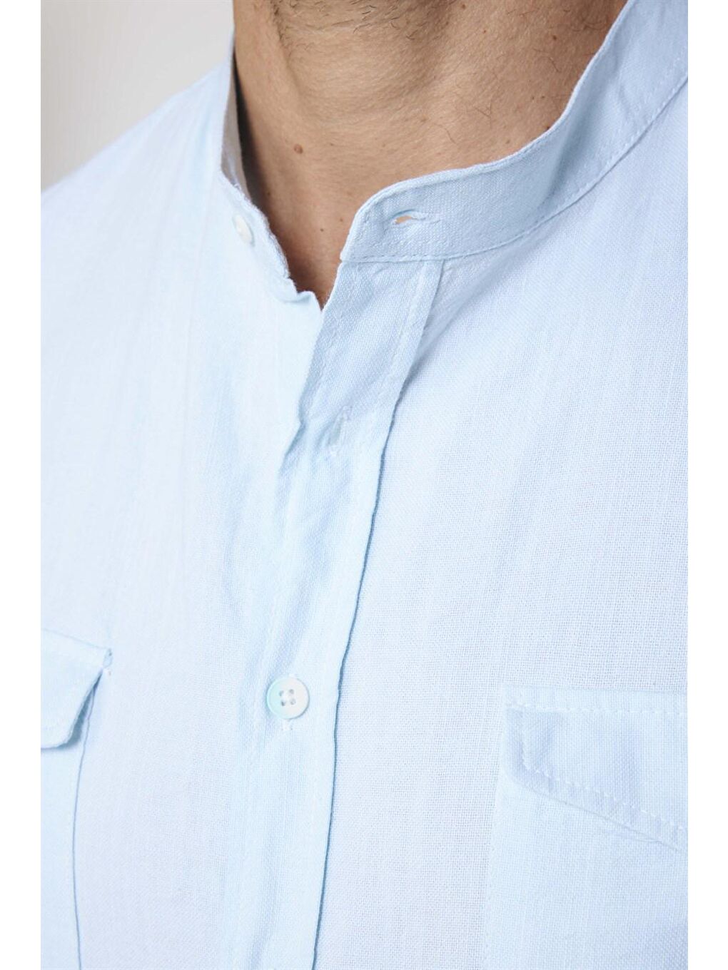 Relax Fit  Hakim Yaka Pamuk Keten Çift Cepli Kol Katlamalı Turkuaz Gömlek-3