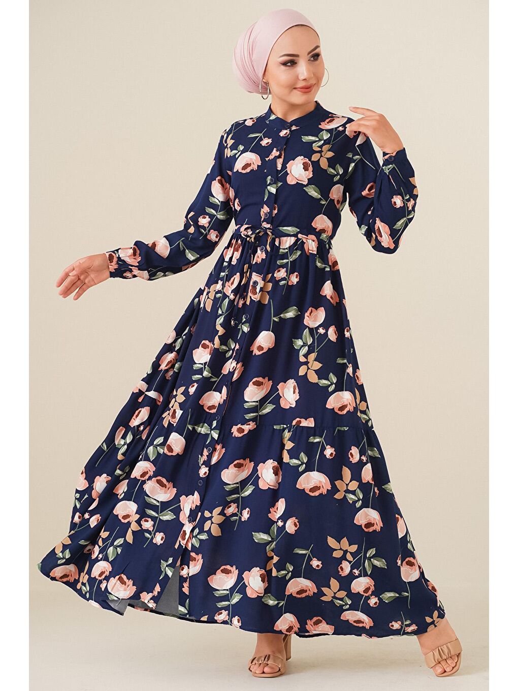 2144 Hakim Yaka Tesettür Elbise - D.Lacivert-1