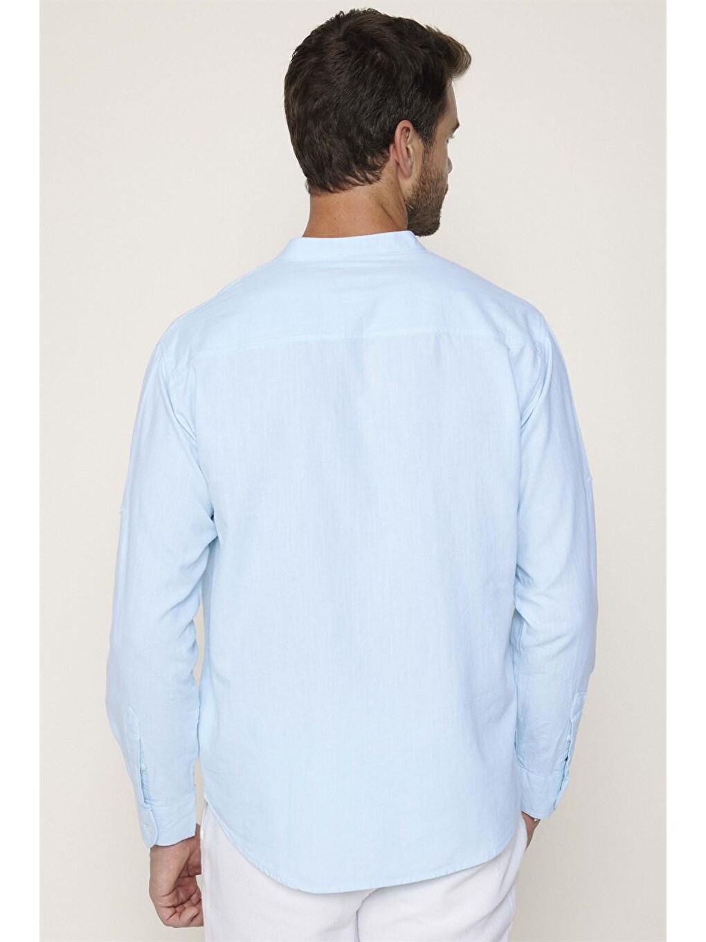 Relax Fit  Hakim Yaka Pamuk Keten Çift Cepli Kol Katlamalı Turkuaz Gömlek-4