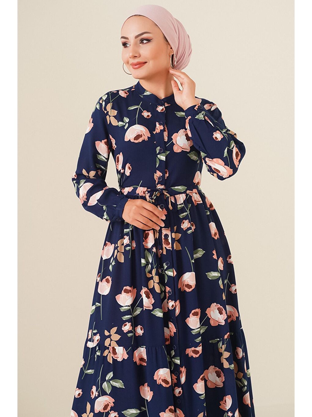 2144 Hakim Yaka Tesettür Elbise - D.Lacivert-2