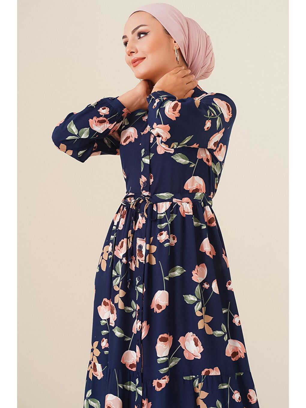 2144 Hakim Yaka Tesettür Elbise - D.Lacivert-3