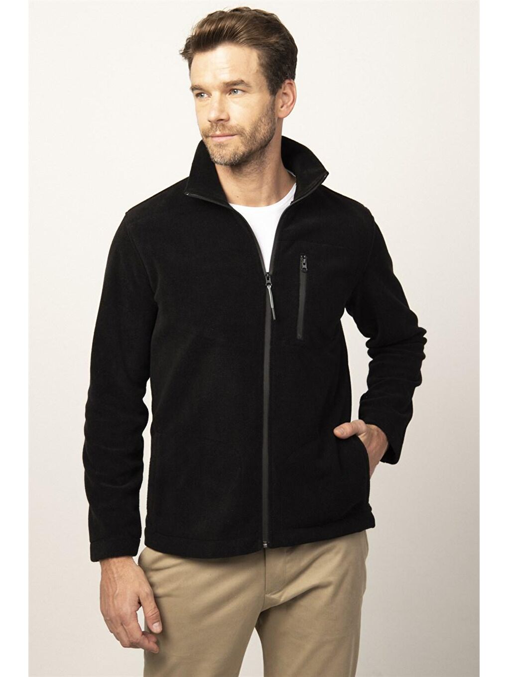 Siyah Slim Fit Tam  3 Cepli Fletolu Erkek Fermuarlı Sweatshirt Hırka Polar
