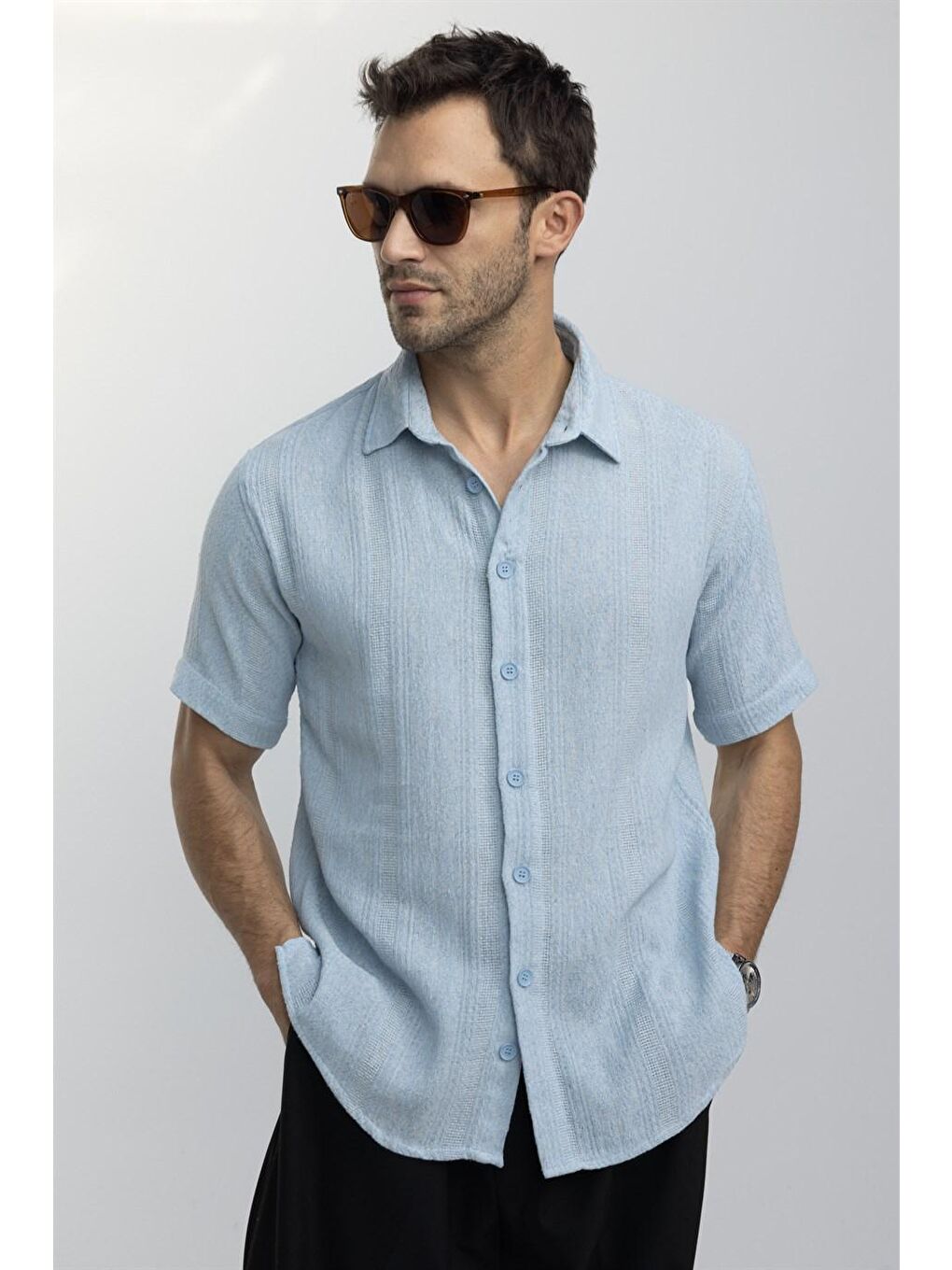Relax Fit Rahat Kalıp Kısa Kol Jakar Dokuma Desenli Erkek Mavi Gömlek
