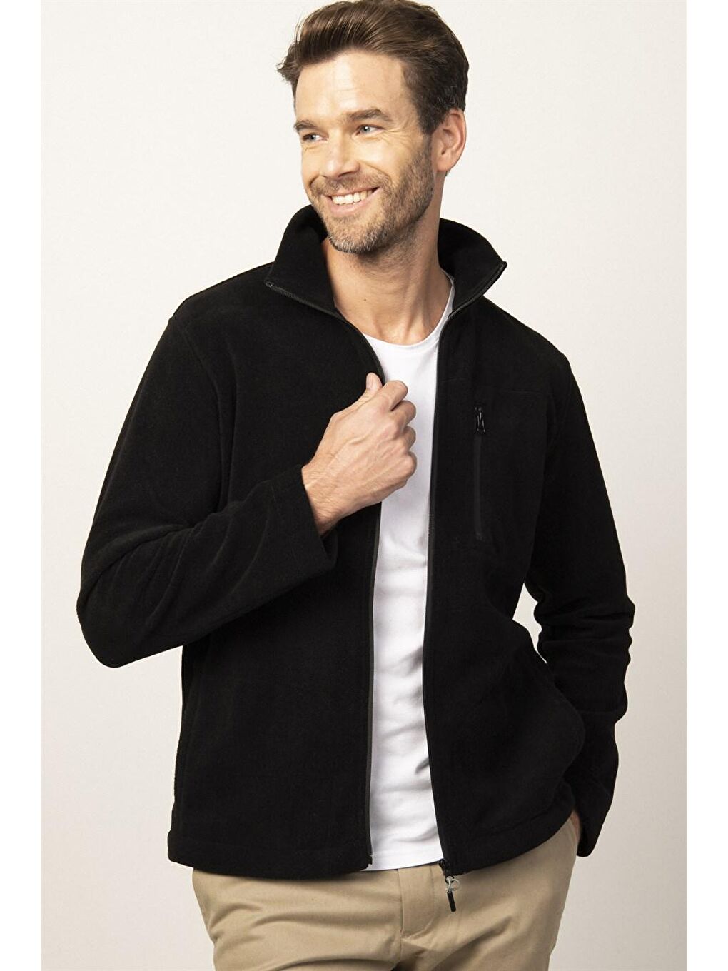 Siyah Slim Fit Tam  3 Cepli Fletolu Erkek Fermuarlı Sweatshirt Hırka Polar-1