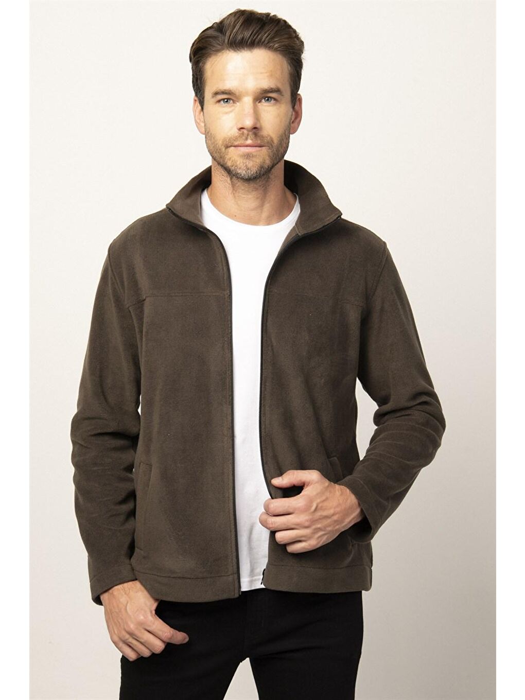 Slim Fit  Flota Cepli Erkek Fermuarlı Sweatshirt Haki Polar