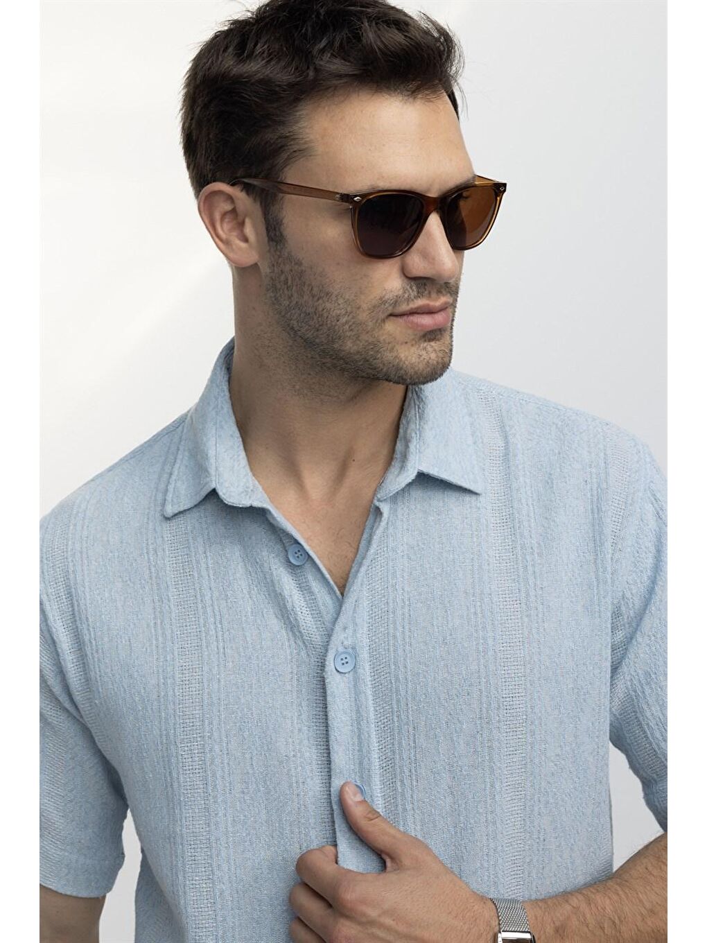 Relax Fit Rahat Kalıp Kısa Kol Jakar Dokuma Desenli Erkek Mavi Gömlek-2