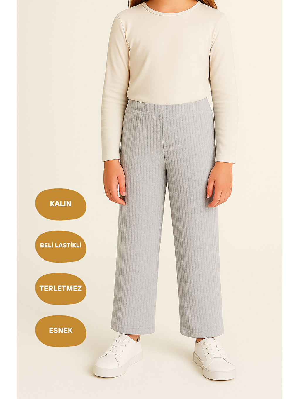 Beli Lastikli Gri Kız Çocuk Eşofman Altı - Rahat Geniş Paça Kalın Kumaş 7-8-9-10-11-12-13-14 Yaş