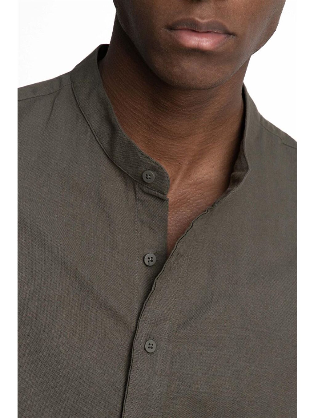 Slim Fit Dar Kalıp Uzun Kol Hakim Yaka Pamuklu Keten Efekt Haki Gömlek-2