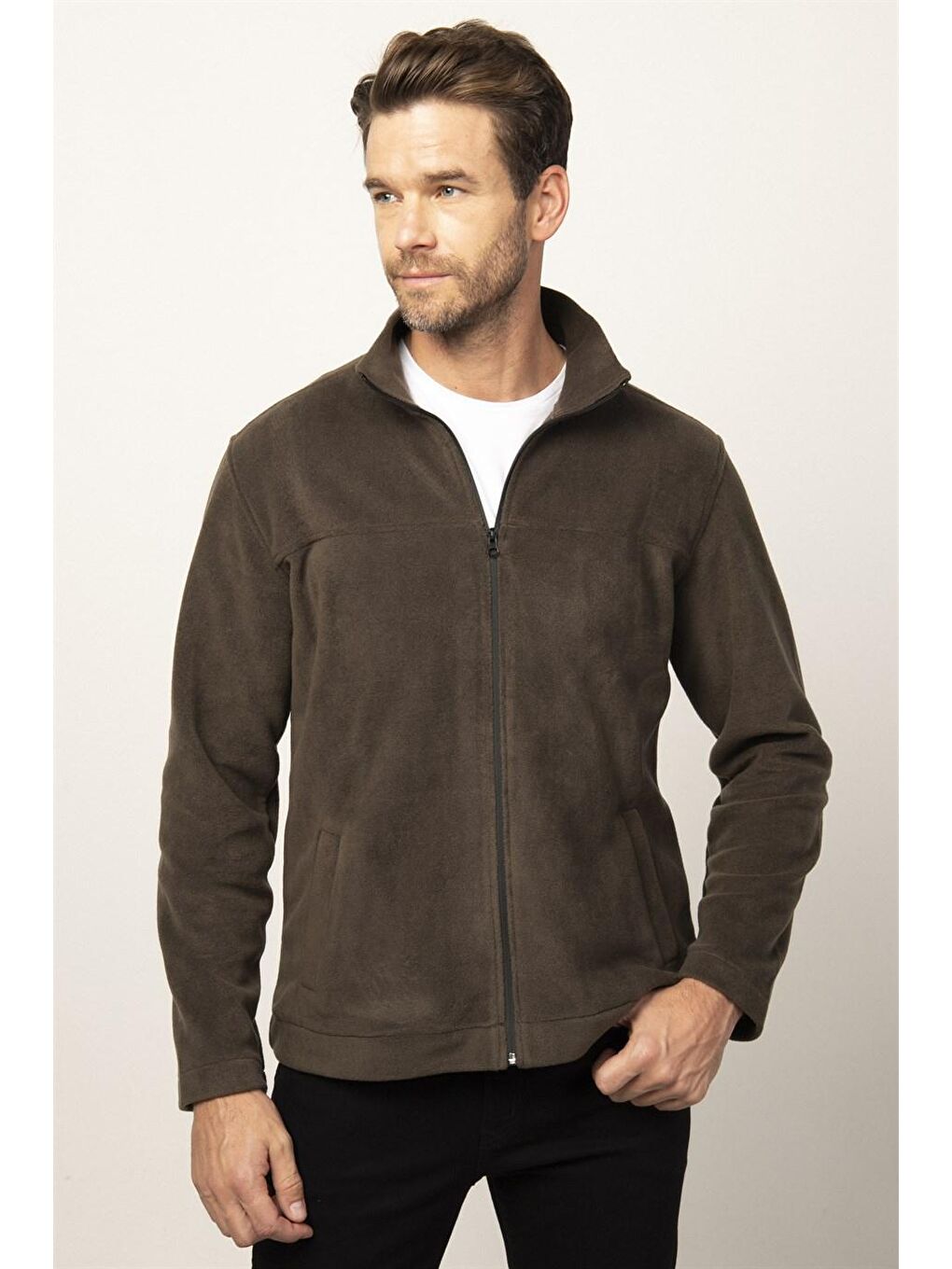 Slim Fit  Flota Cepli Erkek Fermuarlı Sweatshirt Haki Polar-1