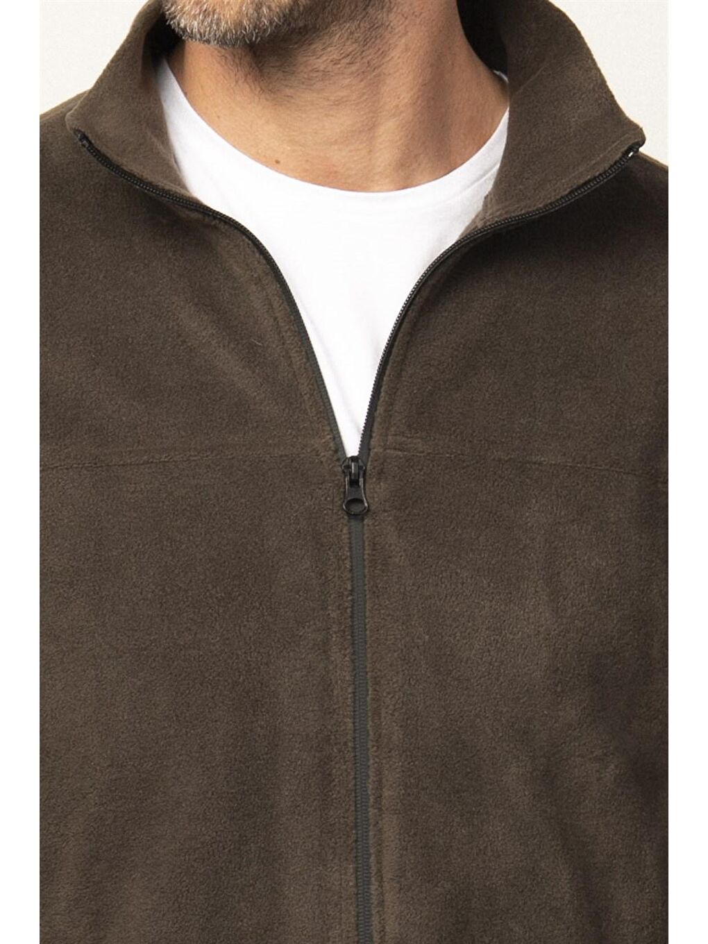 Slim Fit  Flota Cepli Erkek Fermuarlı Sweatshirt Haki Polar-2