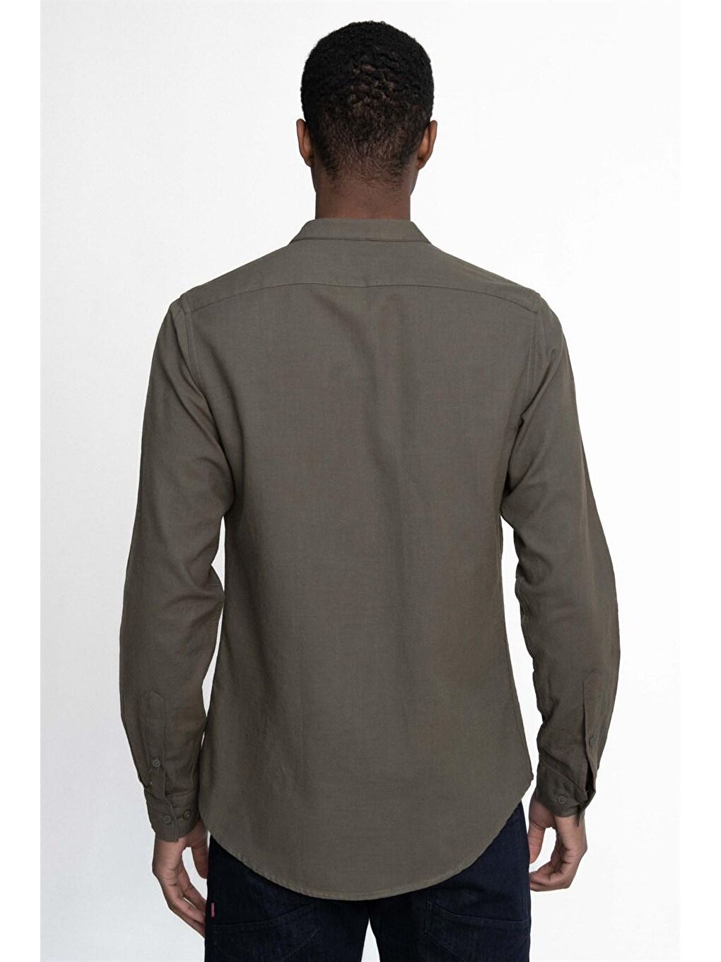 Slim Fit Dar Kalıp Uzun Kol Hakim Yaka Pamuklu Keten Efekt Haki Gömlek-3