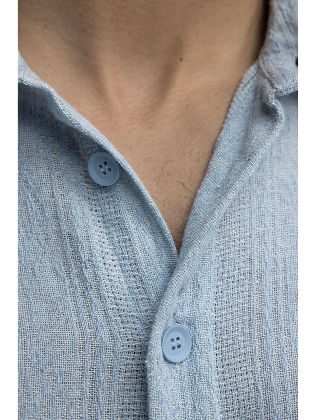 Relax Fit Rahat Kalıp Kısa Kol Jakar Dokuma Desenli Erkek Mavi Gömlek-4