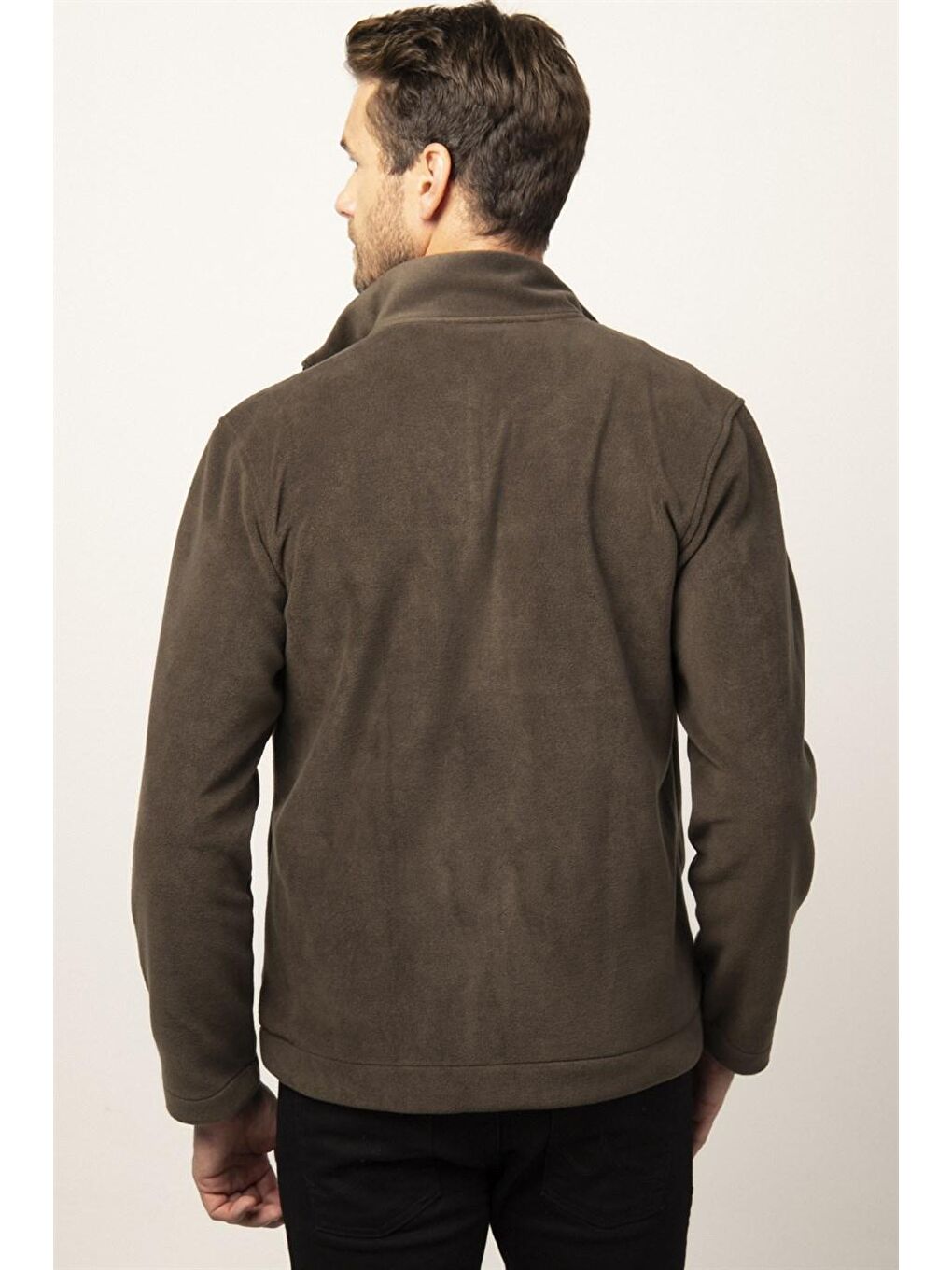 Slim Fit  Flota Cepli Erkek Fermuarlı Sweatshirt Haki Polar-3