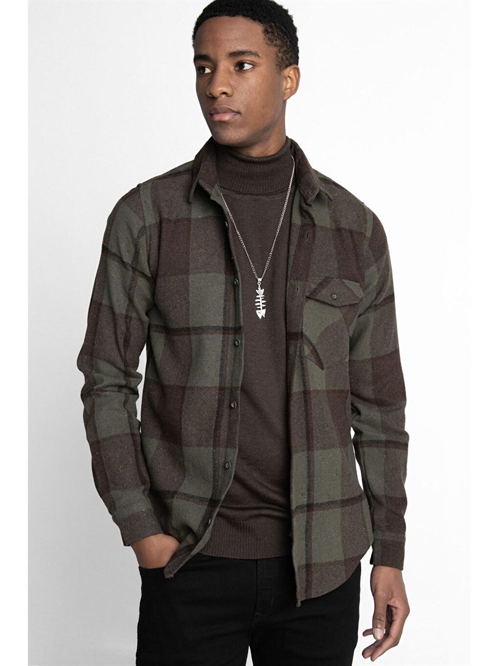 Siyah Slim Fit Kışlık Oduncu Ekoseli Tek Cep Kapaklı Erkek Renkli Gömlek