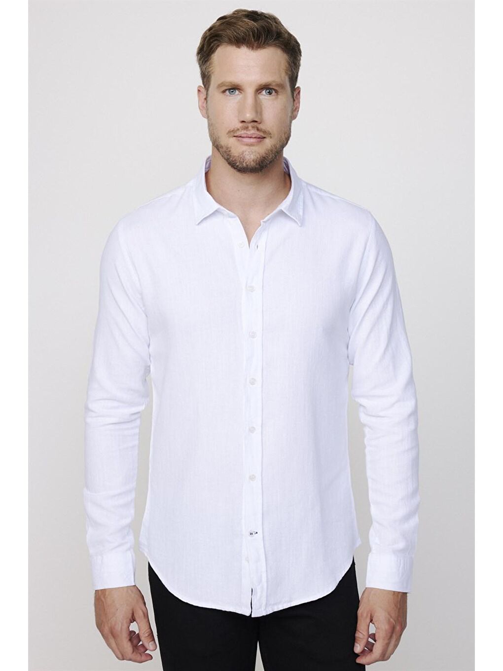 Slim Fit Uzun Kol Keten Efekt Düz Biyeli Beyaz Erkek Gömlek-1