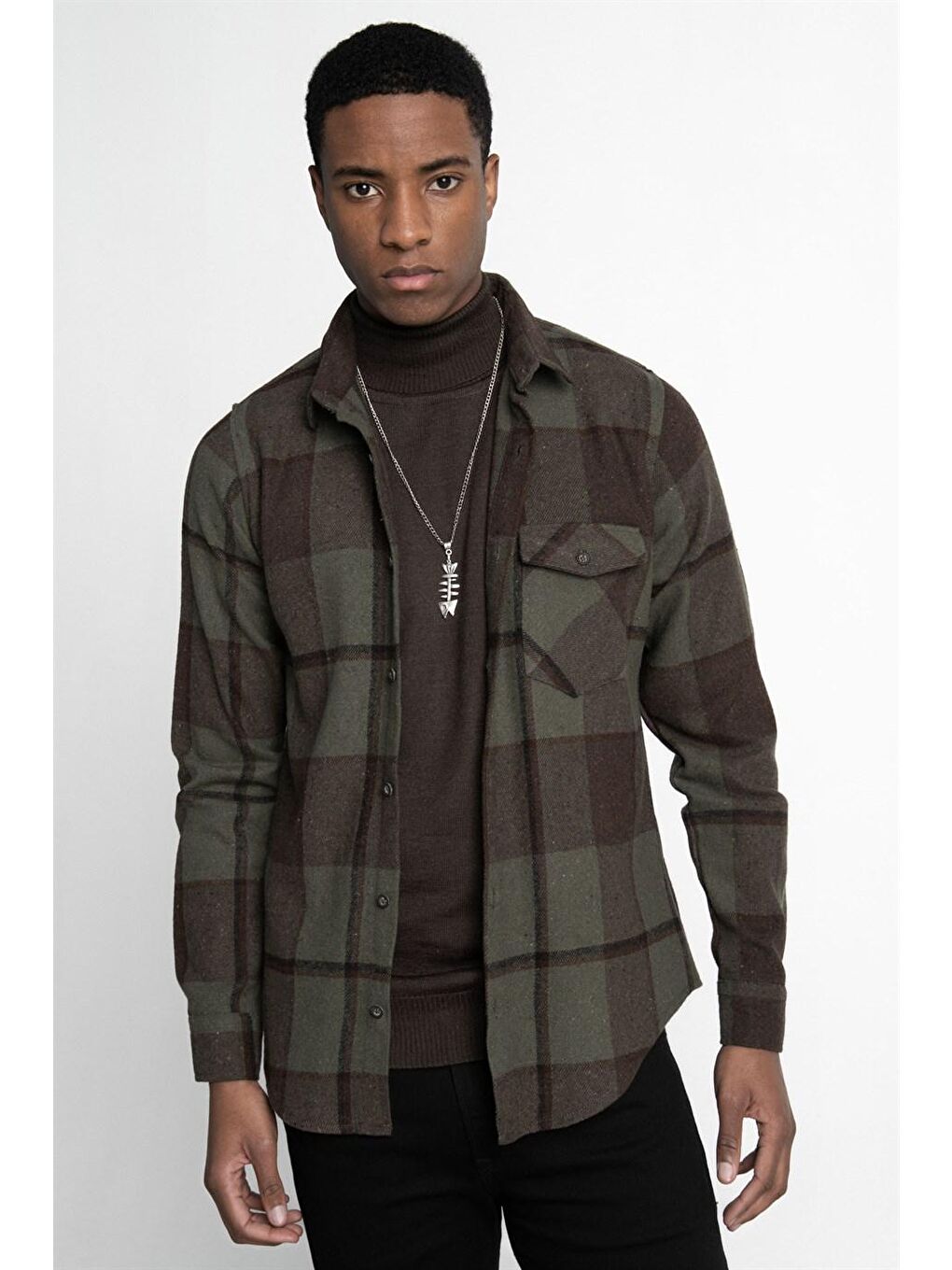 Siyah Slim Fit Kışlık Oduncu Ekoseli Tek Cep Kapaklı Erkek Renkli Gömlek-1