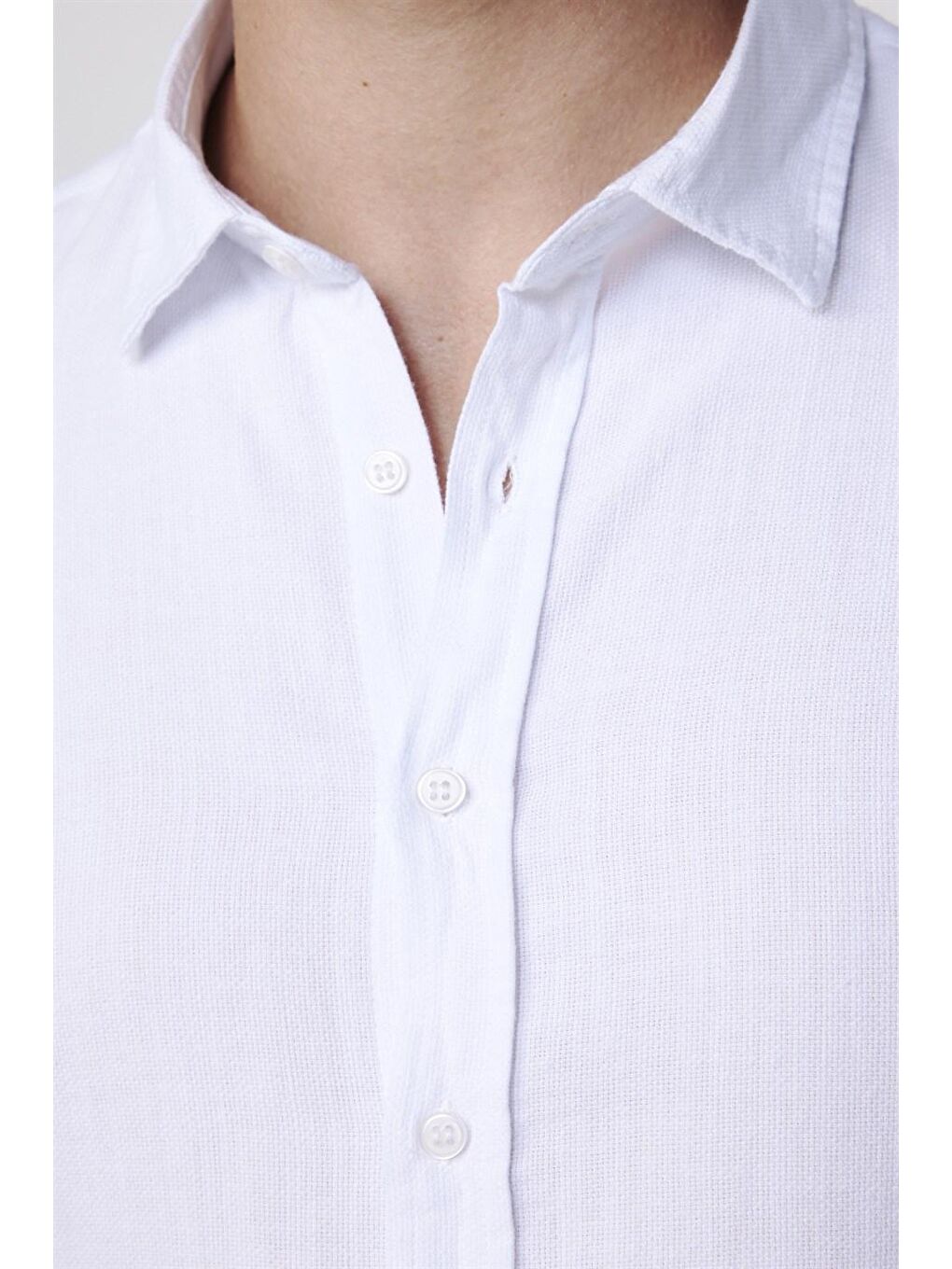 Slim Fit Uzun Kol Keten Efekt Düz Biyeli Beyaz Erkek Gömlek-3