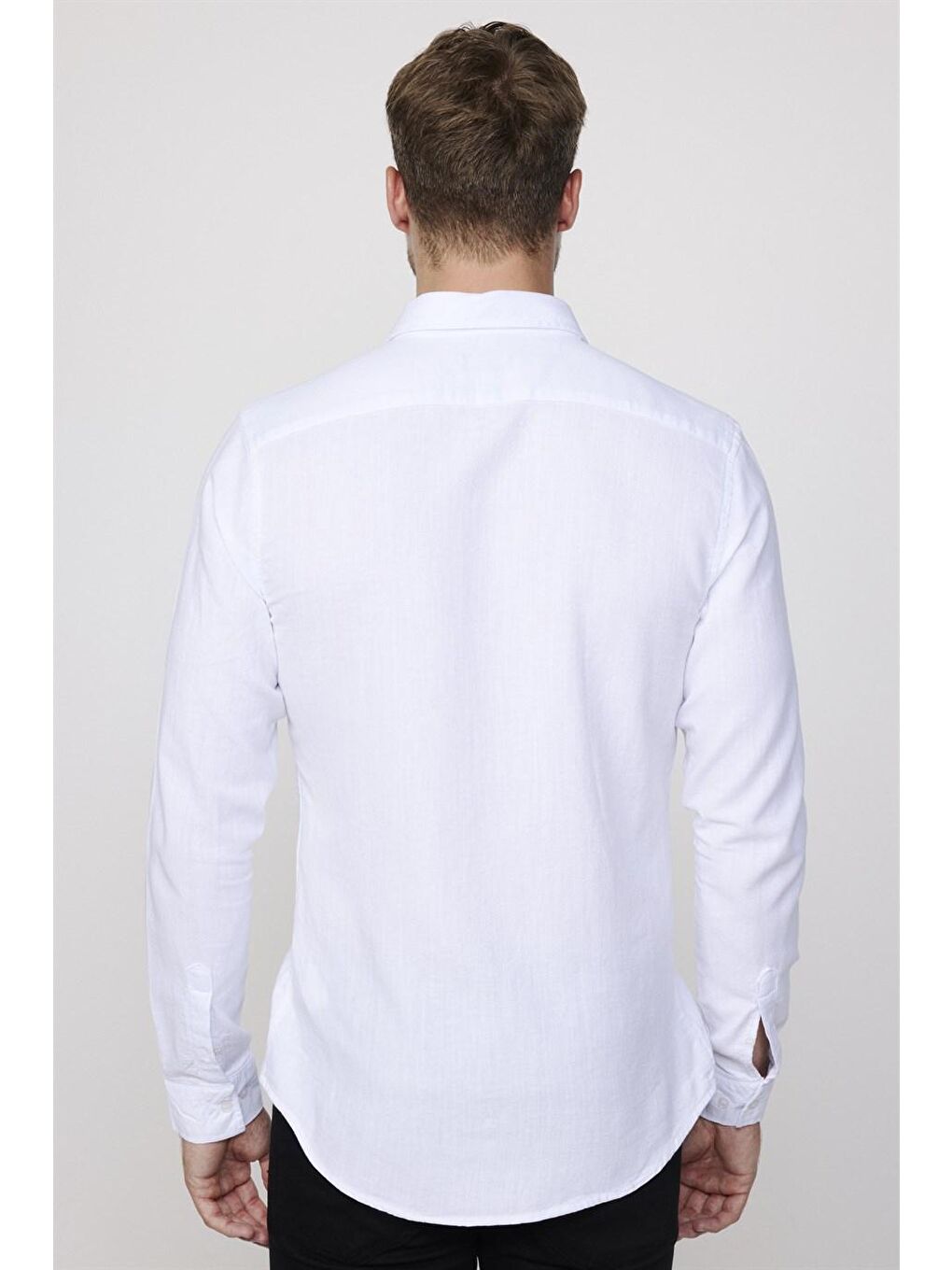 Slim Fit Uzun Kol Keten Efekt Düz Biyeli Beyaz Erkek Gömlek-4