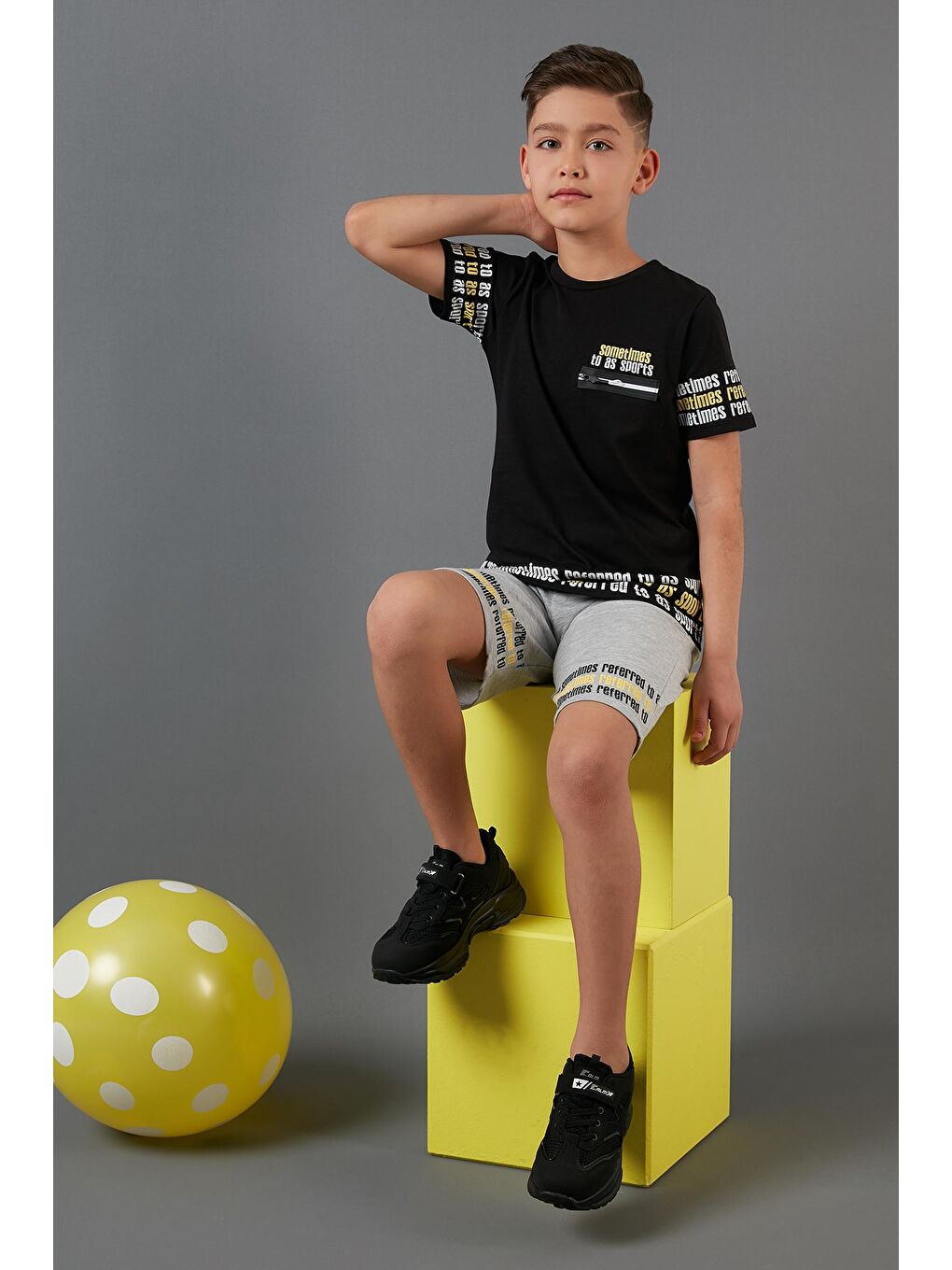 Siyah Yazı Baskılı Elastik Bel Bantlı % 100 Pamuk 2'li Alt-Üst Takım 6189613