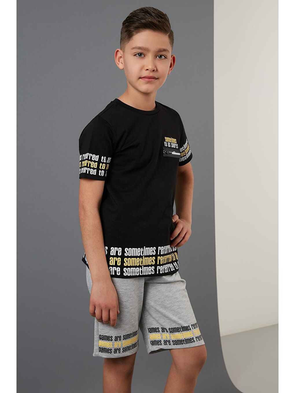 Siyah Yazı Baskılı Elastik Bel Bantlı % 100 Pamuk 2'li Alt-Üst Takım 6189613-1