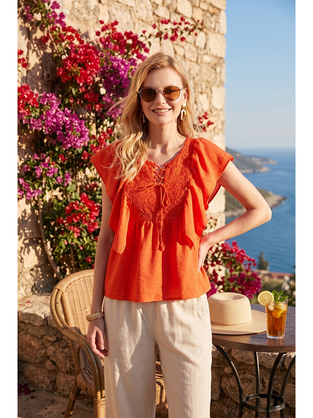 Turuncu Regular Fit Önden Bağlamalı Volanlı Kadın Bluz 611fb20064