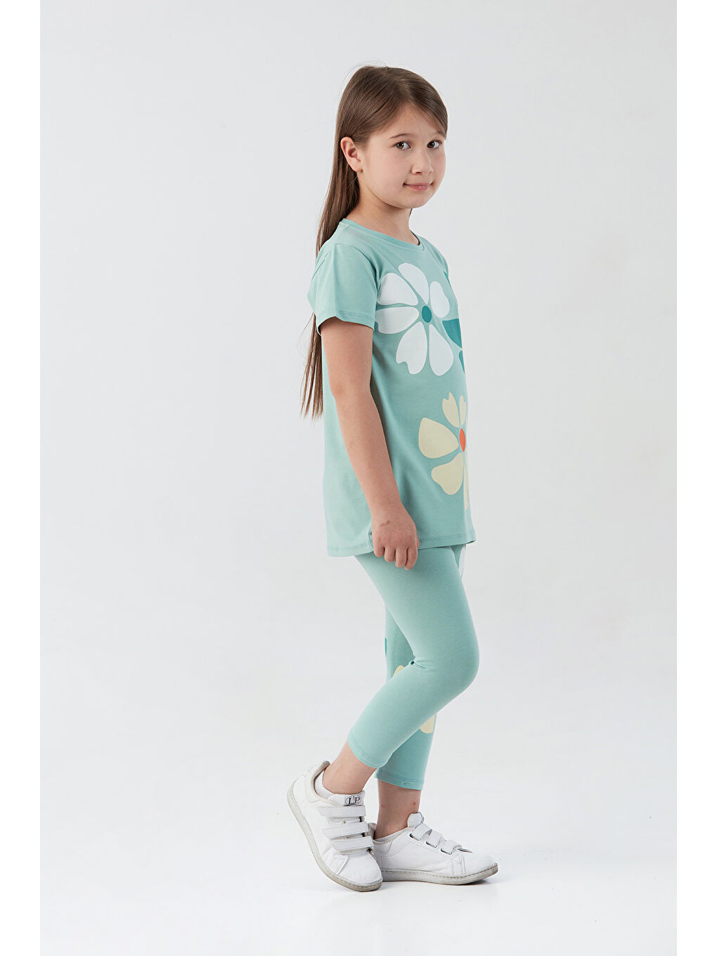 Turkuaz Çiçek Baskılı Taytlı Kız Çocuk Takım-1