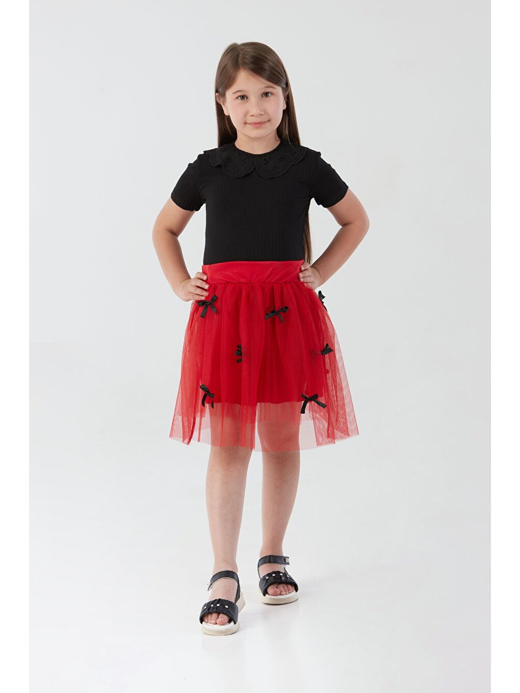 Kırmızı Beli Lastikli Fiyonklu 23 Nisan Kız Çocuk Tütü Etek
