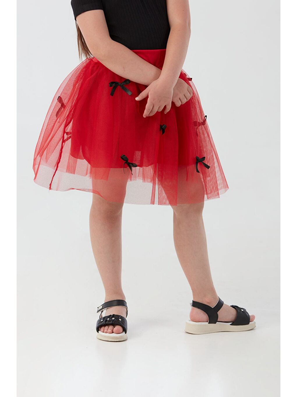 Kırmızı Beli Lastikli Fiyonklu 23 Nisan Kız Çocuk Tütü Etek-1
