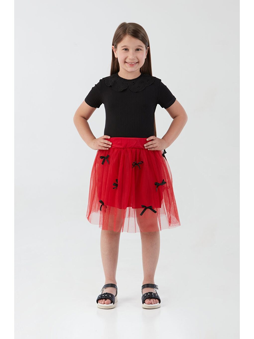Kırmızı Beli Lastikli Fiyonklu 23 Nisan Kız Çocuk Tütü Etek-3
