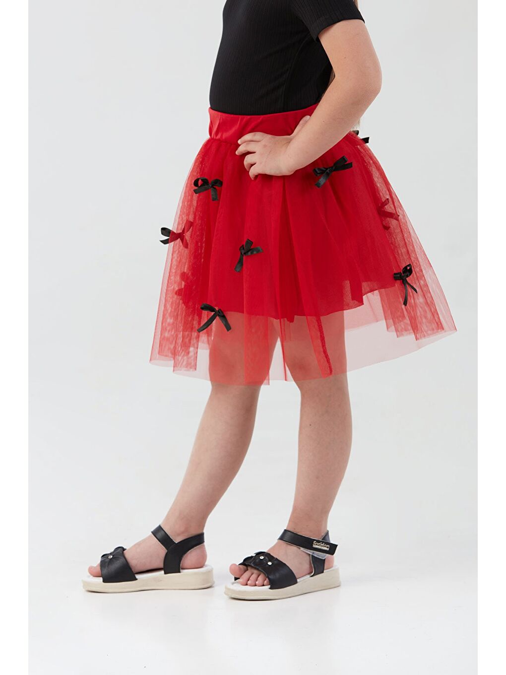Kırmızı Beli Lastikli Fiyonklu 23 Nisan Kız Çocuk Tütü Etek-4