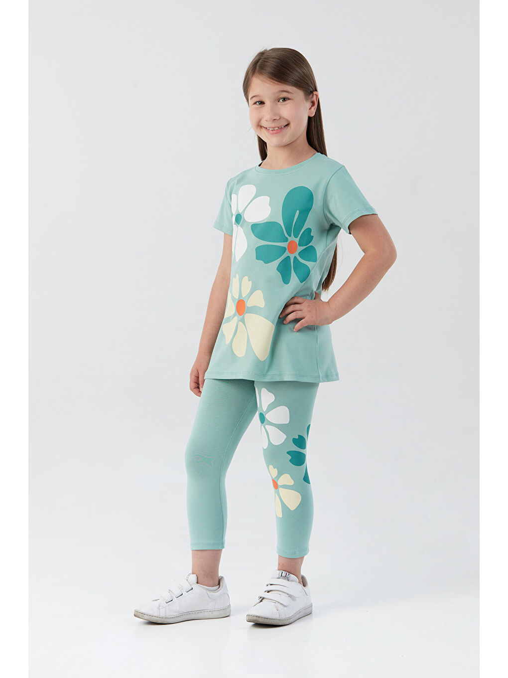 Turkuaz Çiçek Baskılı Taytlı Kız Çocuk Takım-3