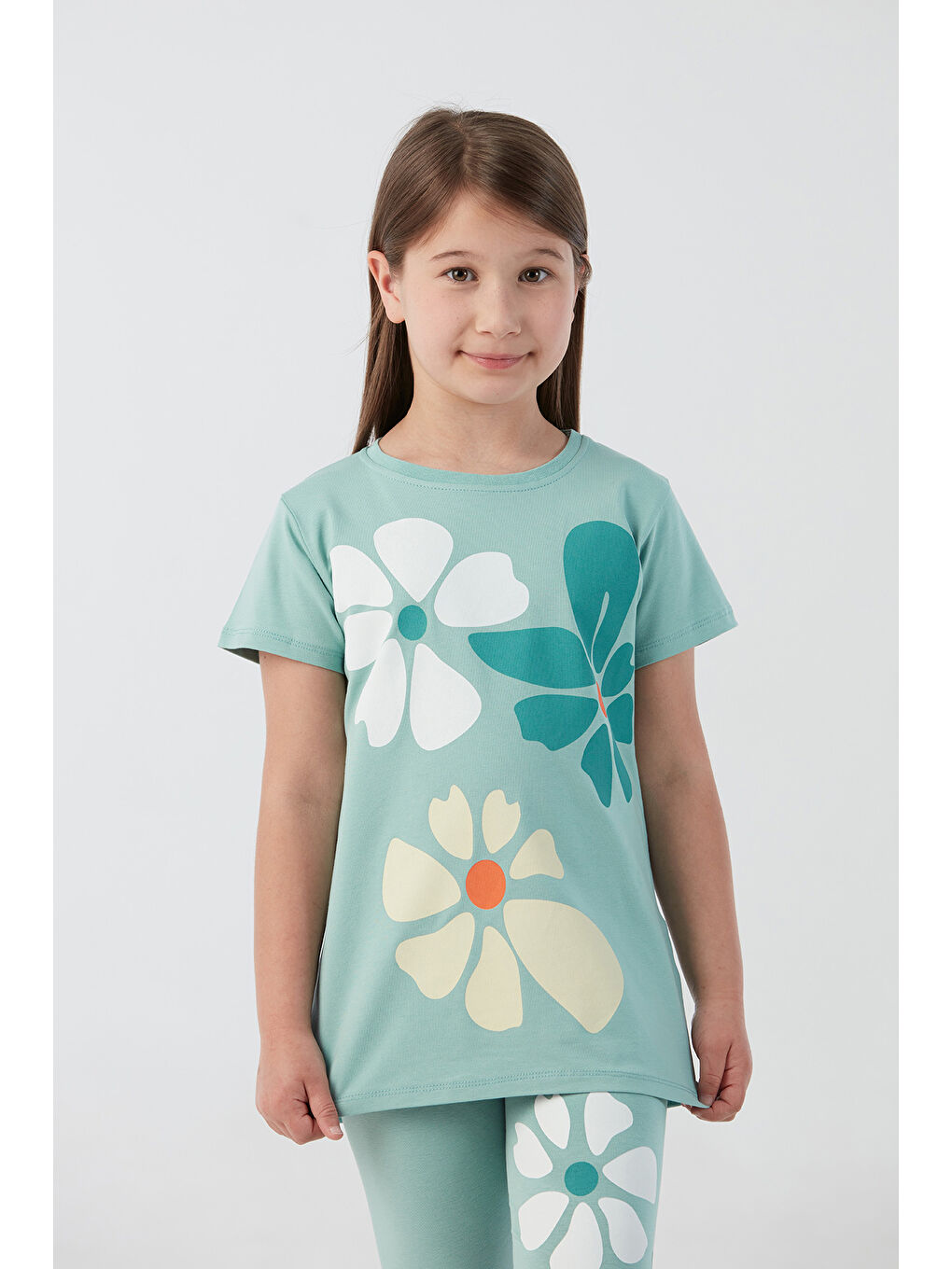 Turkuaz Çiçek Baskılı Taytlı Kız Çocuk Takım-4